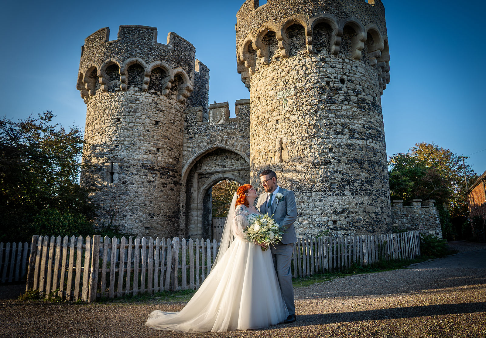 Bride and groom at Cooling Castle Barn, Rochester