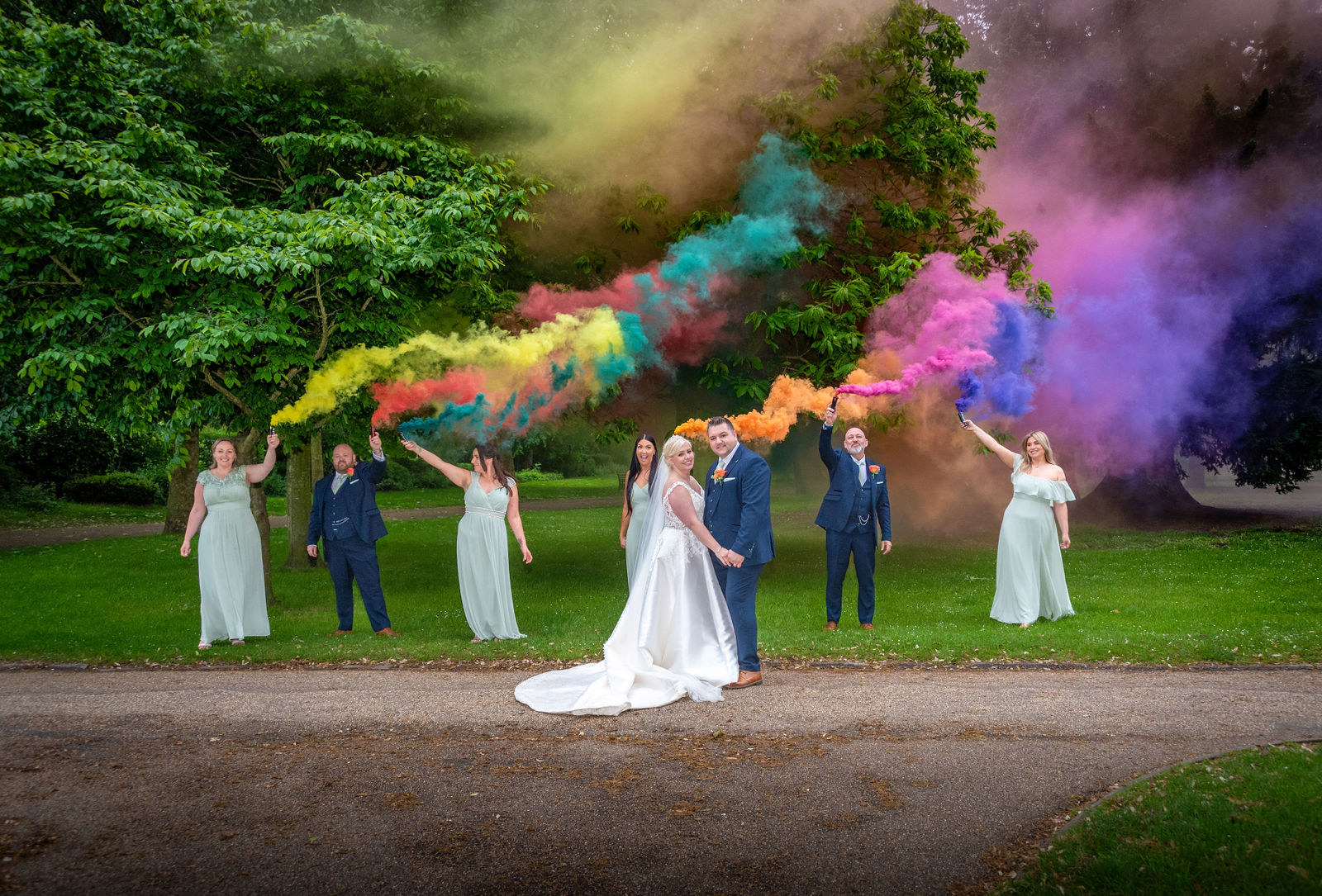 Smoke bombs and colourful smoke at The Vines of Rochester wedding venue in Kent